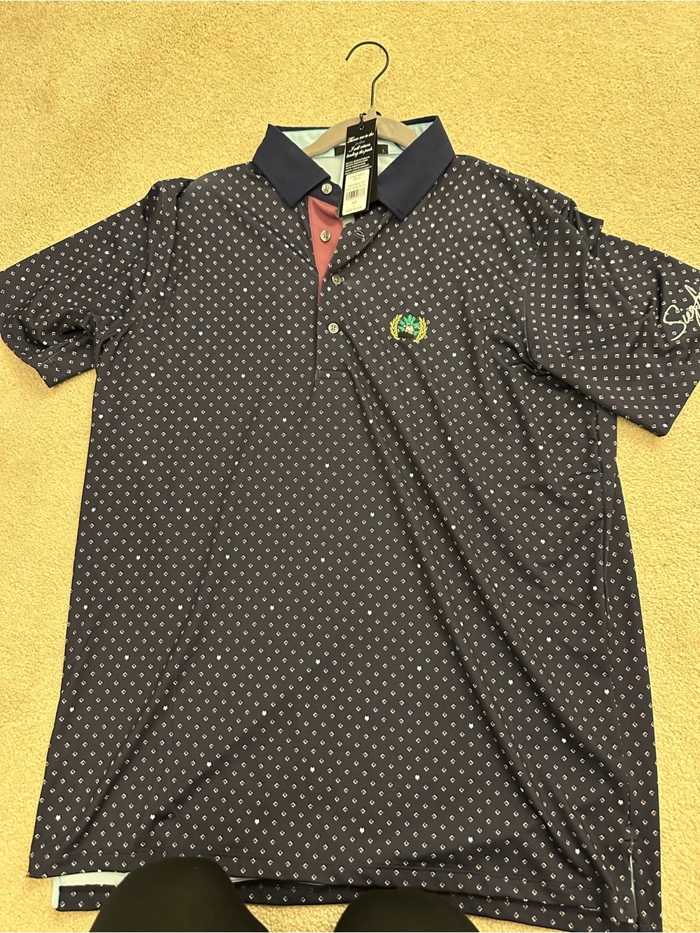 NWT Greyson Men's Navy Patterned Polo Shirt - Unbranded